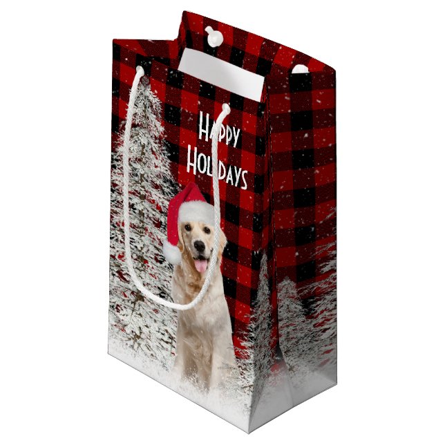 Petit Sac Cadeau Retriever d'or de Noël sur Plaid (Devant Angle)