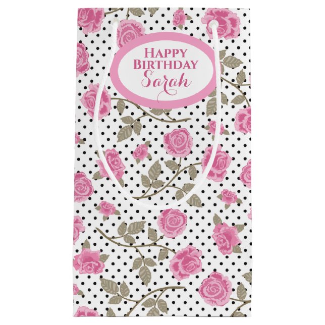 Petit Sac Cadeau Roses roses et Pois noirs Monogrammes (Devant)