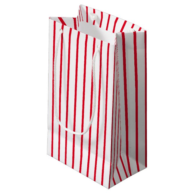 Petit Sac Cadeau Rouge blanc vertical rayures motif Anniversaire (Devant Angle)