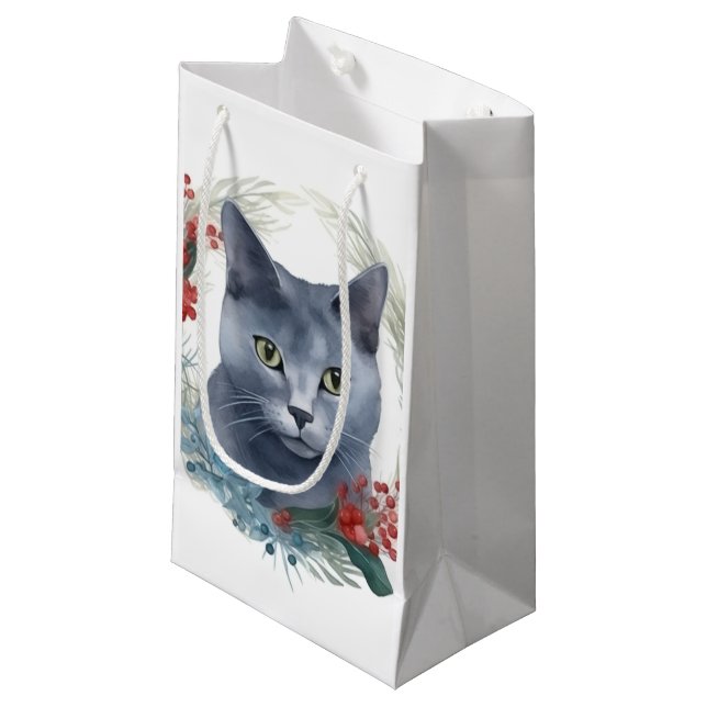 Petit Sac Cadeau Russe Blue Chat Noël Wreath Festive Kitten (Devant Angle)