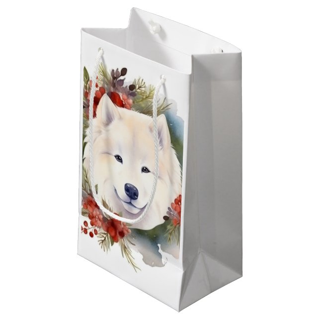 Petit Sac Cadeau Samoyed Christmas Wreath Festive Pup (Devant Angle)