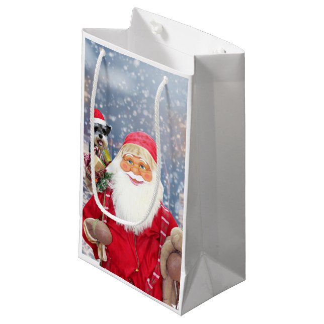 Petit Sac Cadeau Santa Claus w Christmas Miniature Schnauzer Chien (Devant Angle)