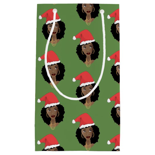 Petit Sac Cadeau Santa Hat de Noël, Femme noire, Vert (Devant)