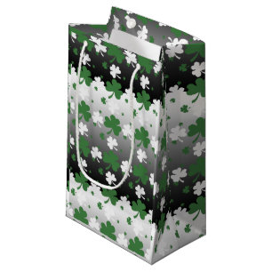 Petit Sac Cadeau Shamrock, vert et blanc sur terrain grisé