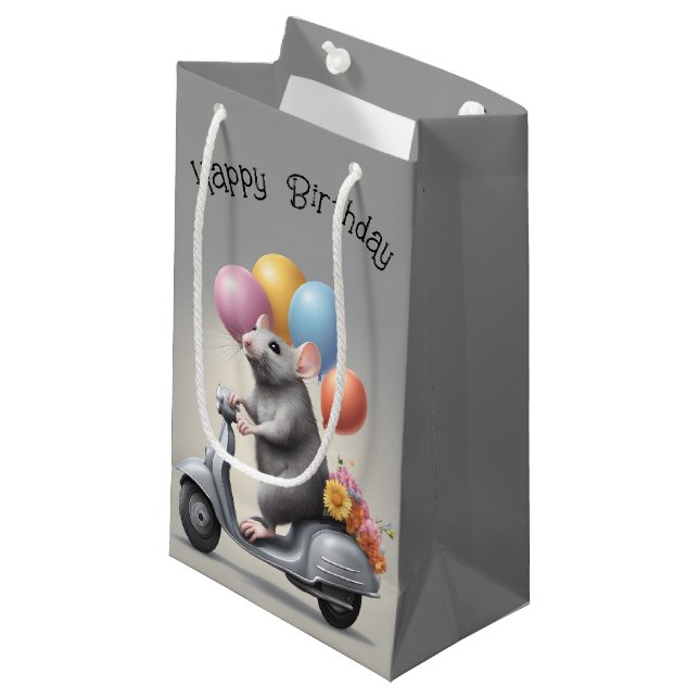 Petit Sac Cadeau Souris d'anniversaire sur un scooter (Devant Angle)