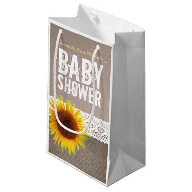 Petit Sac Cadeau Sunflower Burlap & Crochet Lace Baby shower (Devant Angle)