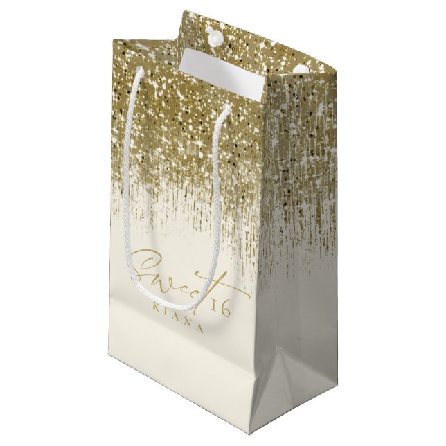 Petit Sac Cadeau Sweet sixteen étincelant Gold ID912 (Devant Angle)