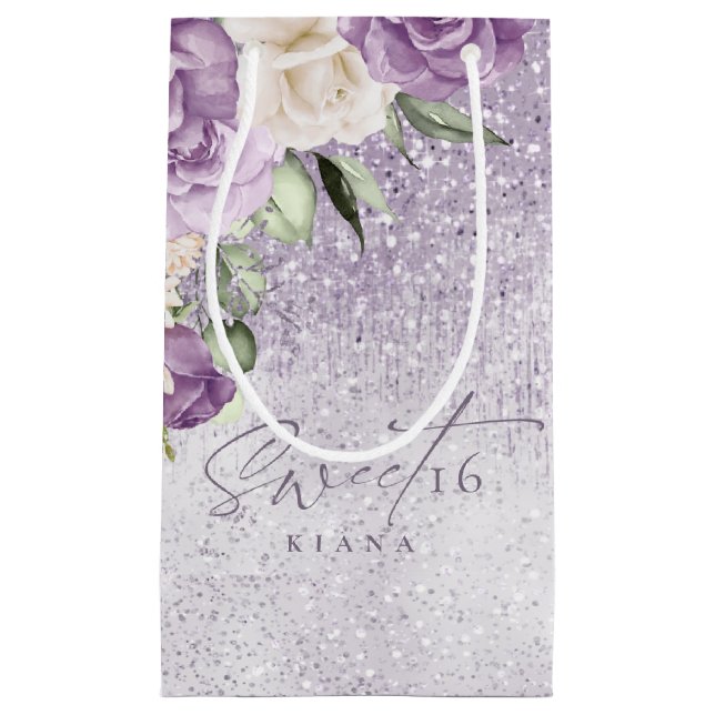 Petit Sac Cadeau Sweet sixteen floral étincelantes Mauve ID912 (Devant)