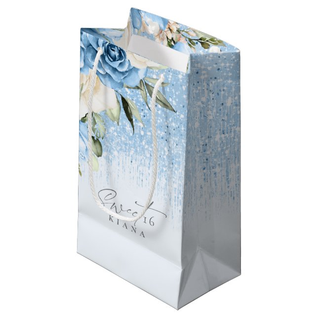 Petit Sac Cadeau Sweet sixteen floral étincelants bleu ID912 (Devant Angle)