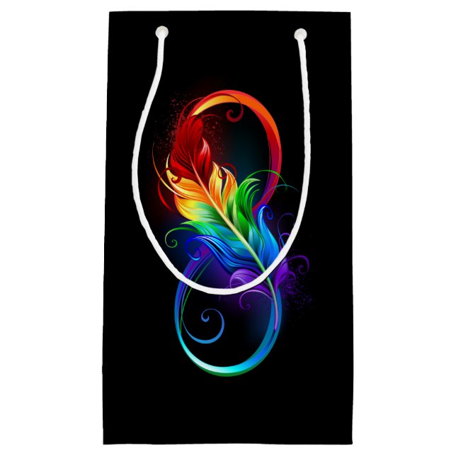 Petit Sac Cadeau Symbole d'infini avec plume arc-en-ciel (Devant)