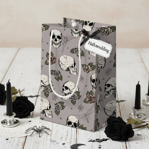Petit Sac Cadeau Taupe Gray Gothic Skuls et Halloween Rose