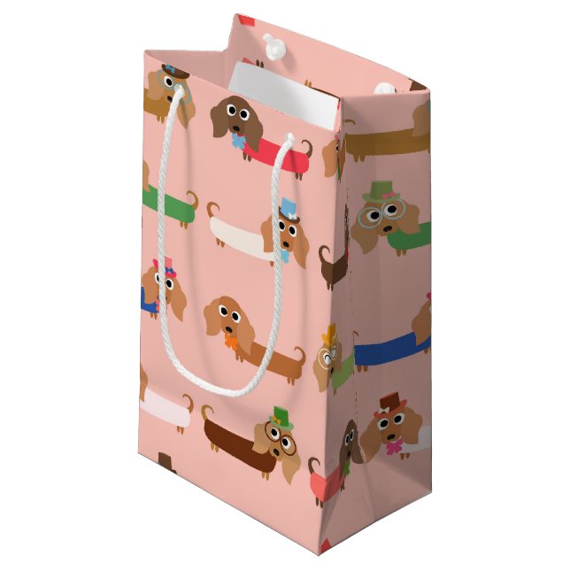 Petit Sac Cadeau Teckels sur le rose (Devant Angle)