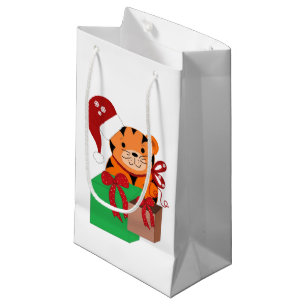 Petit Sac Cadeau Tigre avec un chapeau de Père Noël