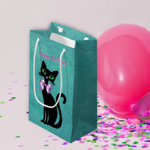 Petit Sac Cadeau Très Élégant Chat Noir Anniversaire Yeux Verts Nœu