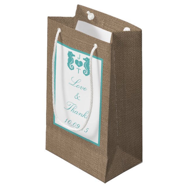 Petit Sac Cadeau Turquoise Seahorse Burlap Beach Wedding Collection (Devant Angle)