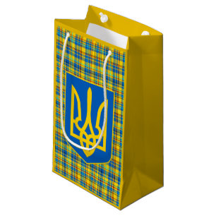 Petit Sac Cadeau Ukraine Bleu, Jaune, motif rouge, Tartan