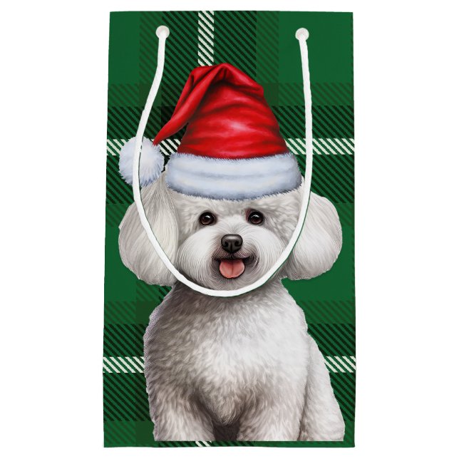 Petit Sac Cadeau Vacances Bichon Frise Chien Vert Plaid Noël (Devant)