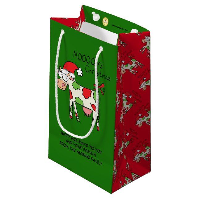 Petit Sac Cadeau Vache Drôle Caricature Noël (Devant Angle)