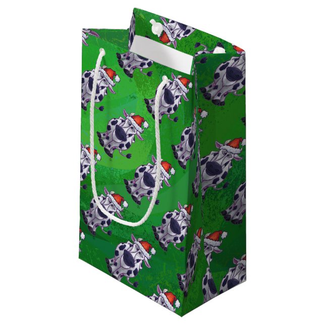 Petit Sac Cadeau Vache Noël sur vert (Devant Angle)