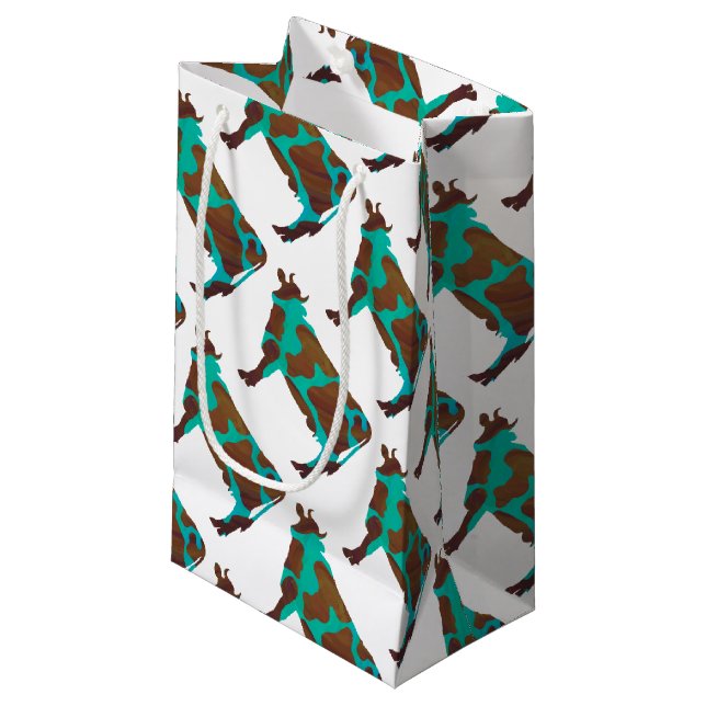 Petit Sac Cadeau Vache Silhouette Brown et Turquoise (Devant Angle)