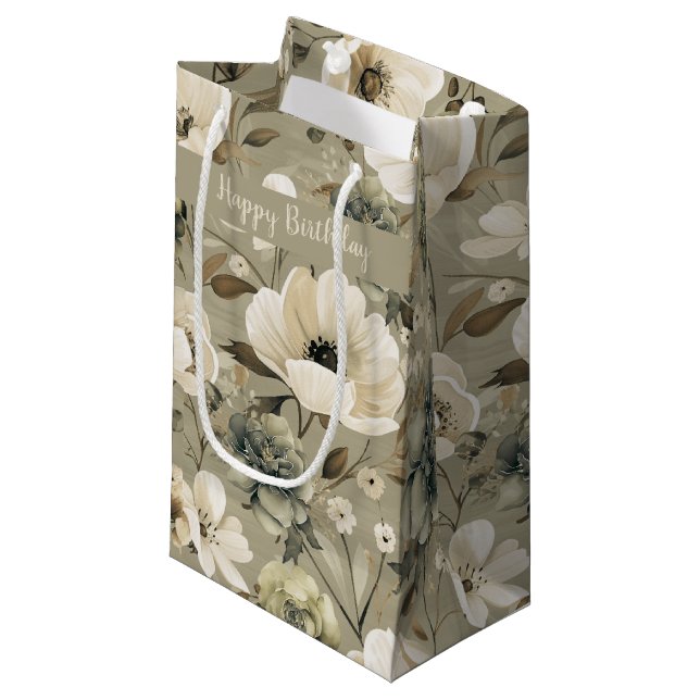 Petit Sac Cadeau Vert Sage Et Floral Crème (Devant Angle)
