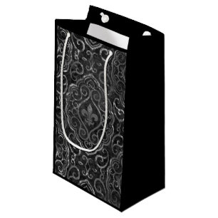 Petit Sac Cadeau Vintage Fleur de Lis   Black Silver Grunge Damask
