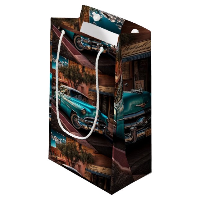 Petit Sac Cadeau Voiture bleue rétro (Devant Angle)