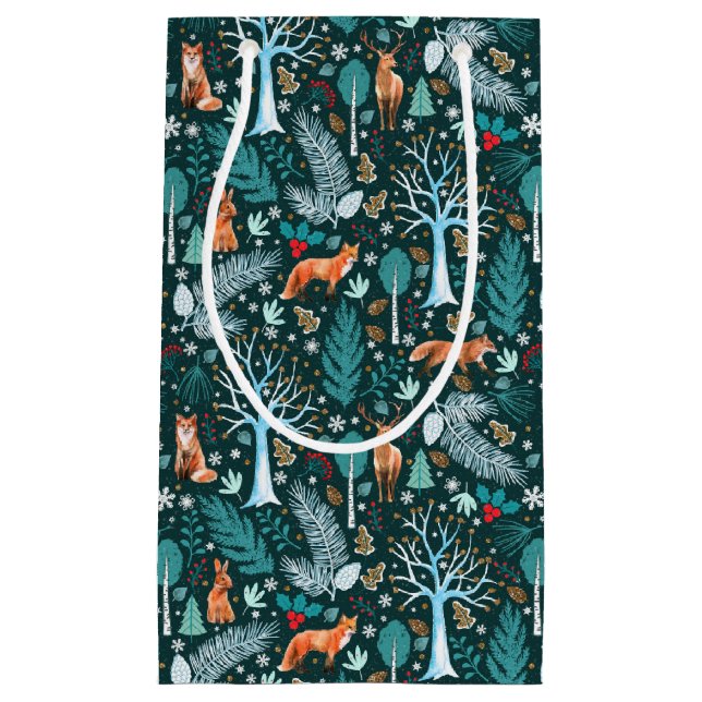 Petit Sac Cadeau Winter Woodland Turquoise/Gold ID785 (Devant)