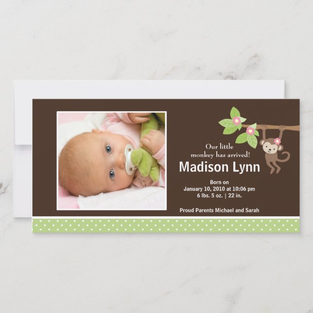 Petit singe bébé fille Faire-part photo (Devant)