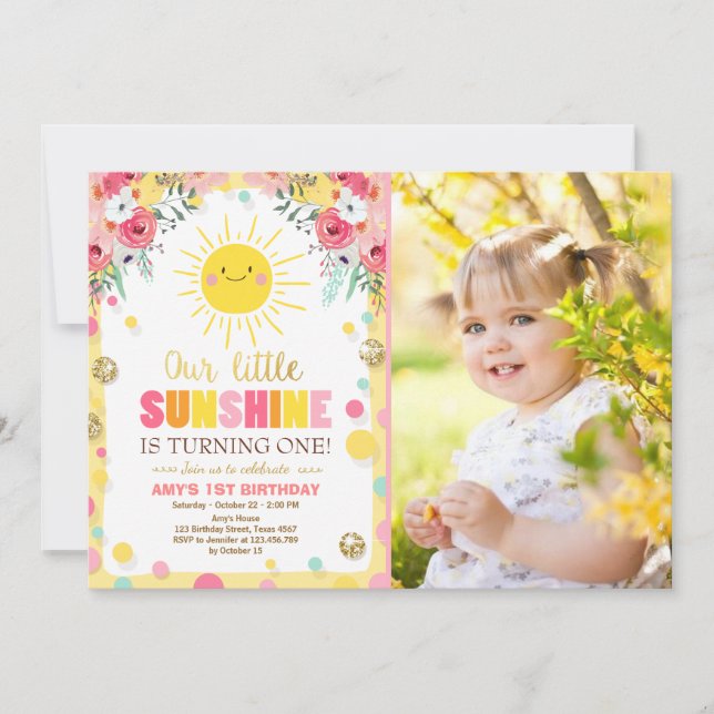 Petit soleil Invitation Anniversaire Pink Floral (Devant)