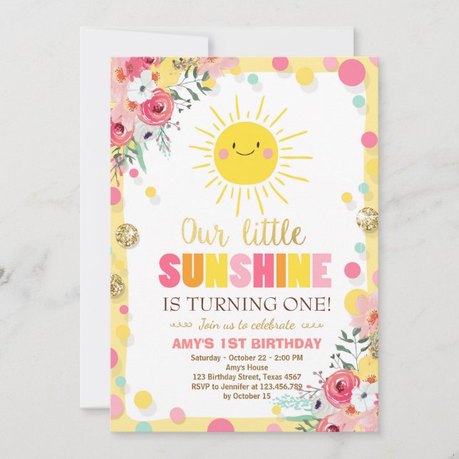 Petit soleil Invitation Anniversaire Pink Floral (Devant)