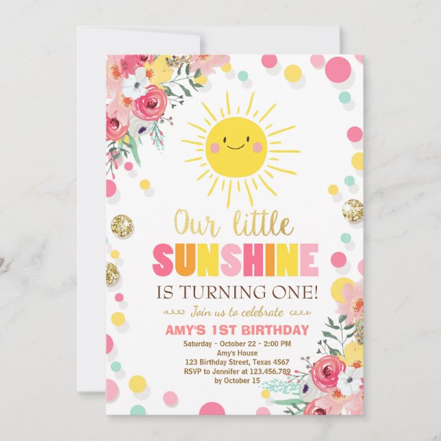 Petit soleil Invitation Anniversaire Pink Floral (Devant)