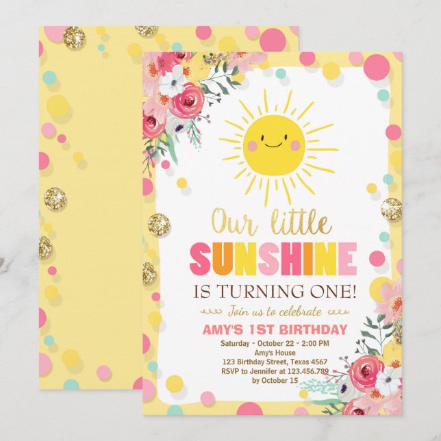Petit soleil Invitation Anniversaire Pink Floral (Devant / Derrière)
