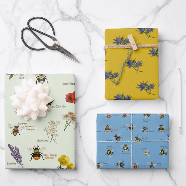 PetitArt | Bienen und Wildblumen Set von 3 Wrappin Geschenkpapier Set (Vorderseite)