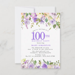 PETITE 100. Geburtstagsfeier Lila Rosen Floral Einladung