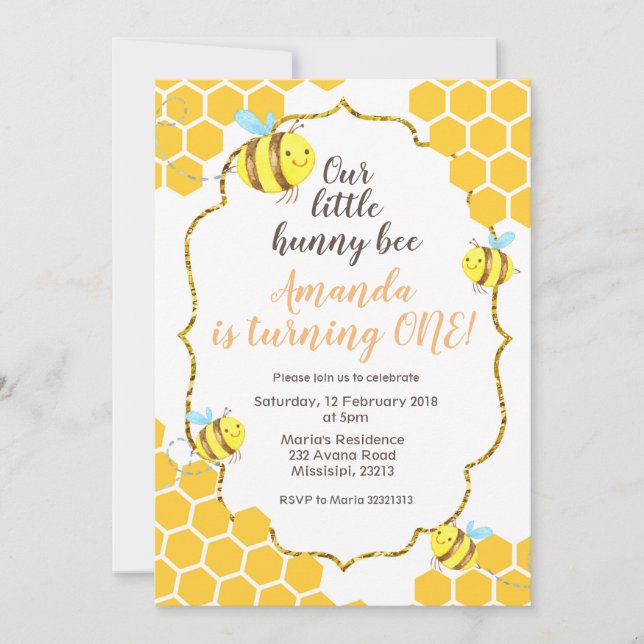 Petite abeille 1er anniversaire Invitation pour ga (Devant)