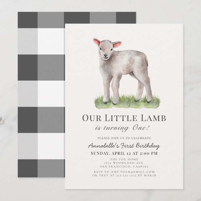 Petite agneau 1er anniversaire Invitation (Devant / Derrière)