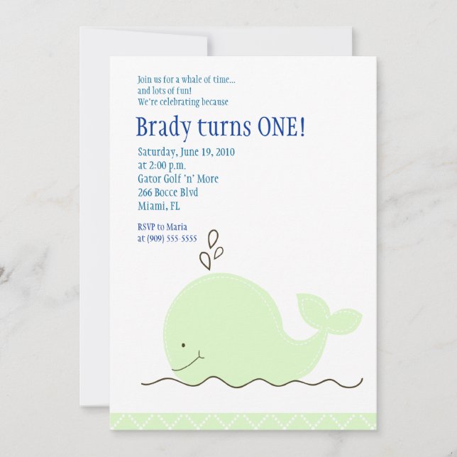 Petite baleine verte 5x7 Invitation d'anniversaire (Devant)