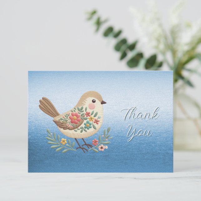 Petite Broderie Florale d'oiseaux Carte de remerci (Debout devant)