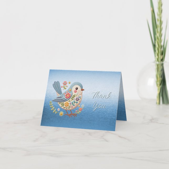Petite Broderie Florale d'oiseaux Carte de remerci (Devant)