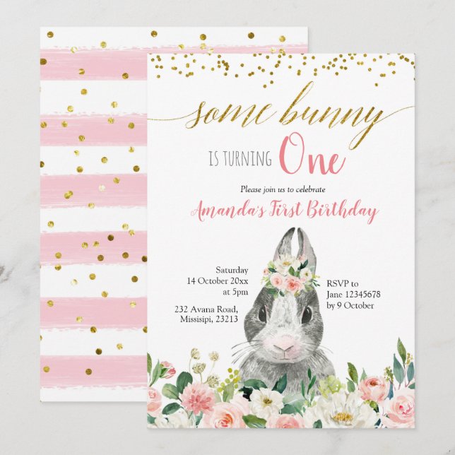 Petite Bunny Printemps Floral Invitation Anniversa (Devant / Derrière)
