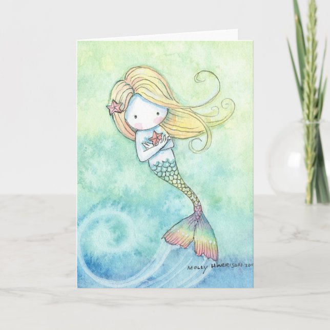 Petite carte mignonne de sirène par l'aquarium (Devant)