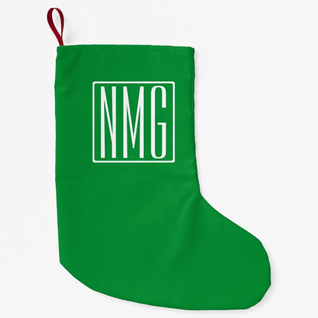 Petite Chaussette De Noël 3 Initiales Monogramme | Vert et blanc (Devant)