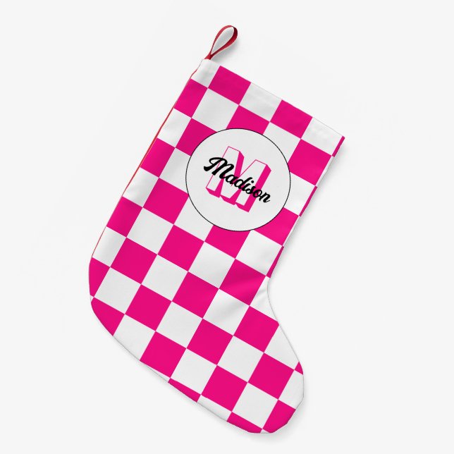Petite Chaussette De Noël à damiers rose chaud blanc rétro Monogram (Devant (Accrochage))