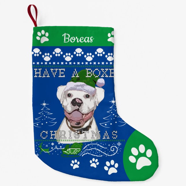 Petite Chaussette De Noël Ajouter le nom White Boxer Chien Noël  (Devant)