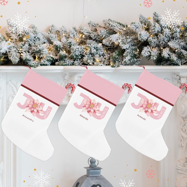 Petite Chaussette De Noël Amour Paix Joie Rose Poinsettia Noël (Créateur téléchargé)