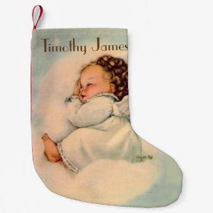 Petite Chaussette De Noël Ange vintage de bébé dormant en nuages