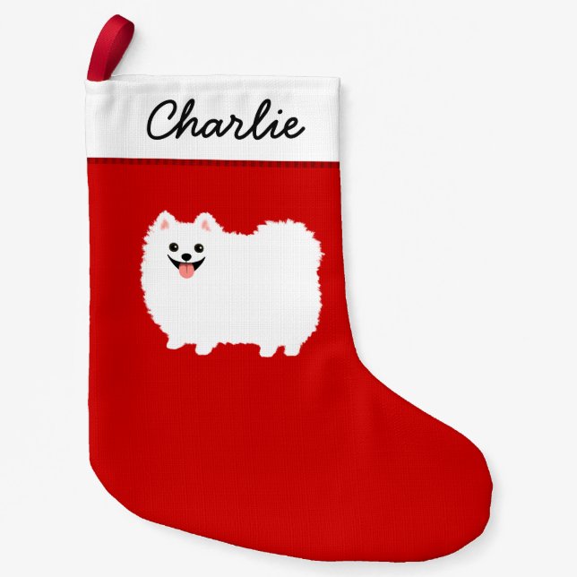 Petite Chaussette De Noël Angliche pelucheuse de Pomeranian de chien blanc (Devant)
