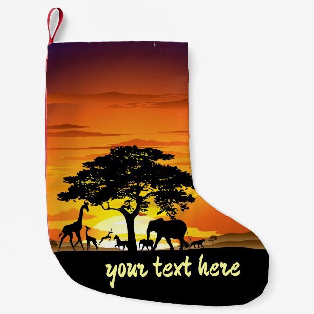 Petite Chaussette De Noël Animaux sauvages sur le coucher de soleil de la sa (Devant)
