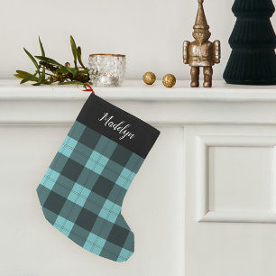 Petite Chaussette De Noël Aqua & Black Buffalo Plaid Personnalisé